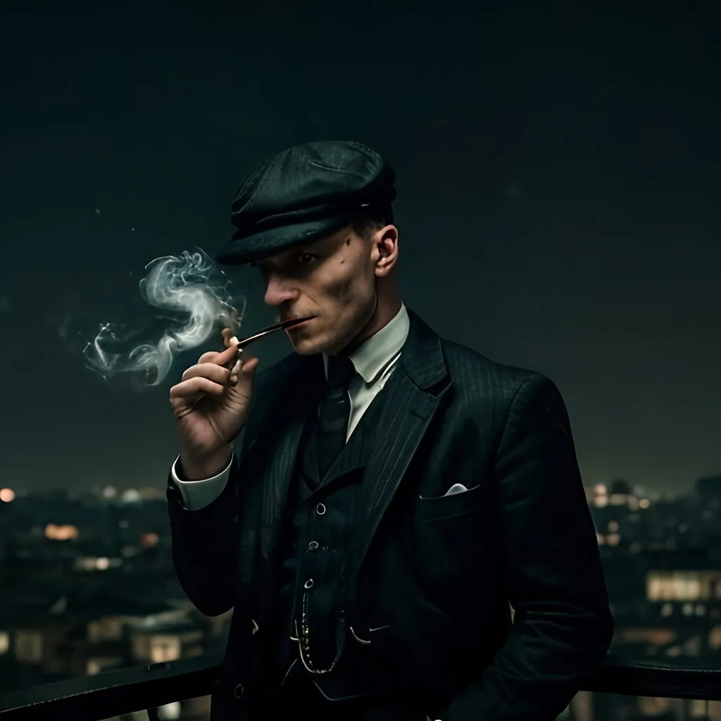 Prompt: A solitary man resembling Tommy Shelby from Peaky Blinders sits on a rooftop at night, smoking a cigarette. He looks thoughtful and betrayed, gazing at the starry sky. The city lights in the background create a melancholic atmosphere. Moonlight softly illuminates his vintage suit and cap, with smoke curling into the night sky.