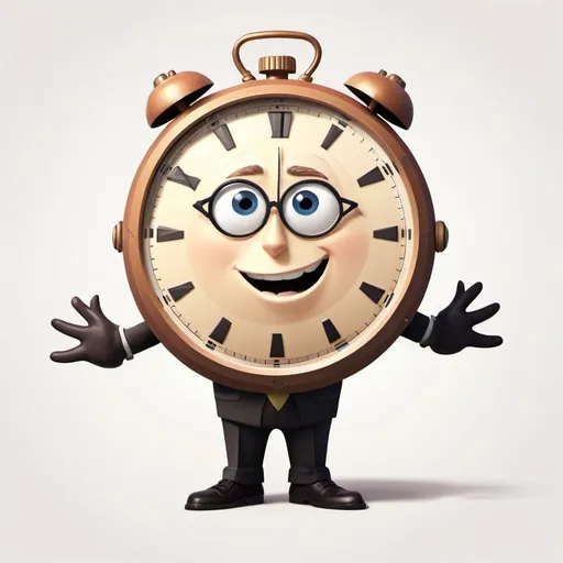 Prompt: Disney-style illustration of a Stylized cartoon clock looking like a corporate employee with face hands and legs mascot, vector flat logo, simple lines, cute cartoon illustration, white backdrop, octane render