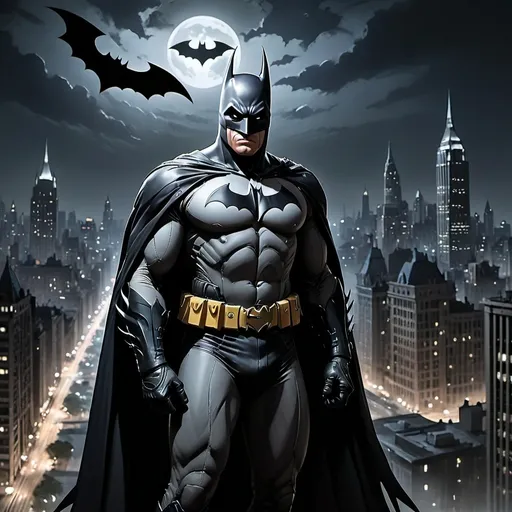 Prompt: Batman, created by Bob Kane and Bill Finger in 1939, is a DC Comics superhero known for his vigilante justice in Gotham using intellect and technology.