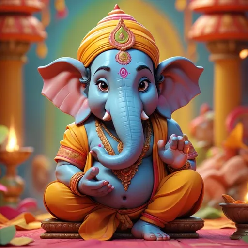 Prompt: 3D, 4D, 8K, Ganesha character, children's book illustration style, multiple poses and expressions, cinematic, cinema 4D render, vibrant colors, joyful celebrations, detailed features, cute and charming, traditional attire, intricate patterns, festive atmosphere, high quality, happy Ganesh Chaturthi, colorful, dynamic poses, professional lighting
