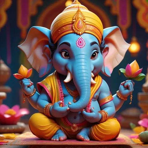Prompt: 3D, 4D, 8K, Ganesha character, children's book illustration style, multiple poses and expressions, cinematic, cinema 4D render, vibrant colors, joyful celebrations, detailed features, cute and charming, traditional attire, intricate patterns, festive atmosphere, high quality, happy Ganesh Chaturthi, colorful, dynamic poses, professional lighting
