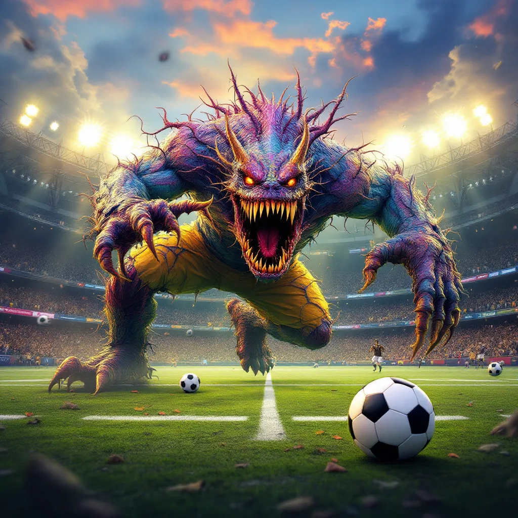 Prompt: create a surrealistic impressionism techno-color 3D artistic digital image of a monster playing sports background steampunk football field