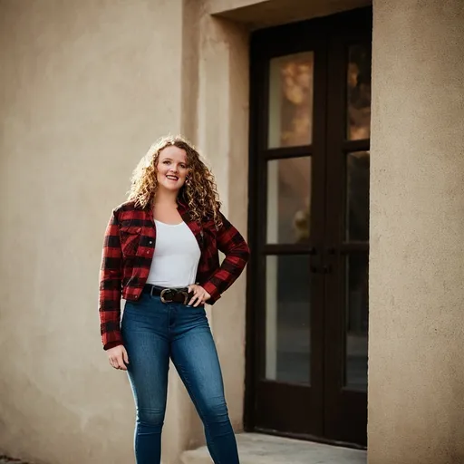 Prompt: 4K, photorealistic, (beautiful young athletic woman), (dark blond curly hair down to chest), (makeup on and subtle red lipstick), (high-waist jeans with simple black belt) , (white ankle booties), (brown flannel jacket that stops just above the elbow), warm inviting autumn lighting, cheerful atmosphere, (soft focus), ultra-detailed background with subtle hints of a vibrant autumn environment, emphasizing positivity and energy, eye-catching textures and subtle colors for depth.