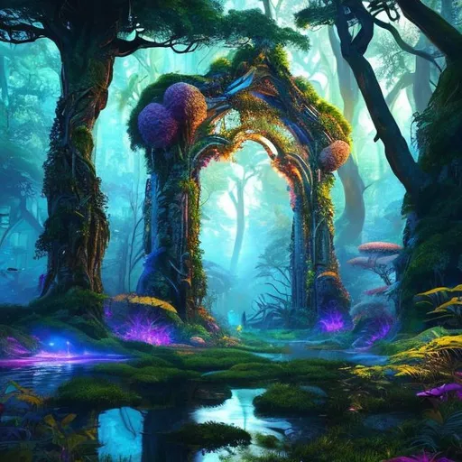 Prompt: Vibrant digital illustration of a serene forest clearing, with a mystical glowing portal, lush greenery and vibrant flora, magical atmosphere, high-quality, fantasy, ethereal lighting, mystical portal, serene, lush foliage, vibrant colors, digital art, magical, fantasy, detailed environment