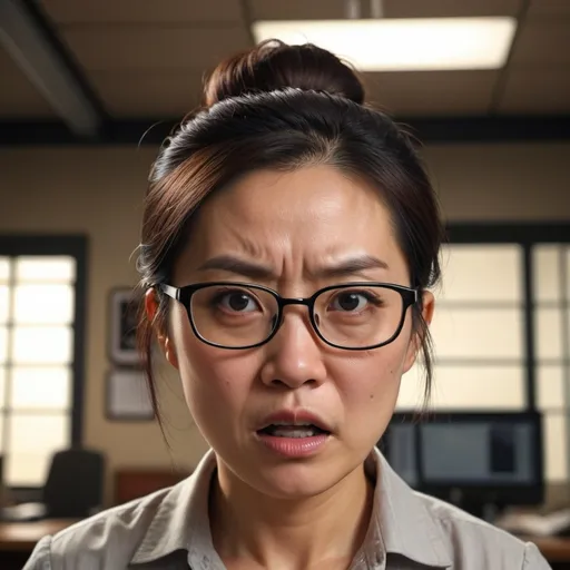 Prompt: cute female asian in the 40s with head bun and black round glasses looking very angry
