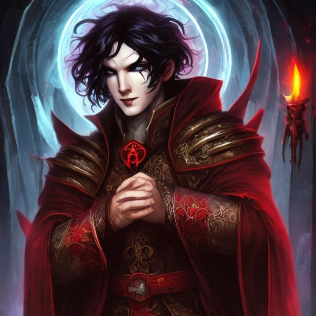 Prompt: He is a necromancer mage with black hair, red hair and a dark red robe