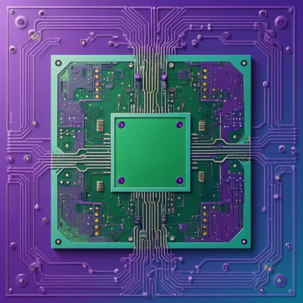 Prompt: A stylized microcircuit against a background of a pleasant but contrasting color (blue, purple or green). place it in the central square, imagining that the whole picture is divided into 9 squares by a grid

