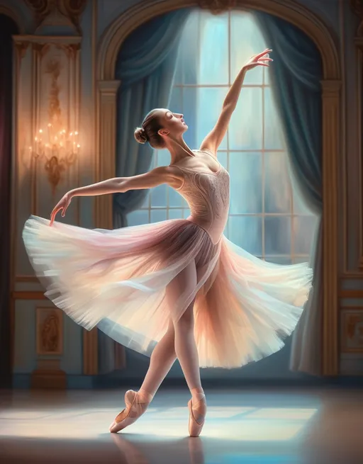 Prompt: Breathtaking ballet solo in a grand theater, elegant ballerina in motion, fine art oil painting, intricate costume details, graceful movements captured in high definition, classical art style, soft pastel hues, ethereal and dreamy lighting, 4k, oil painting, ballet solo, grand theater, elegant motion, intricate details, high definition, classical art, soft pastel hues, ethereal lighting