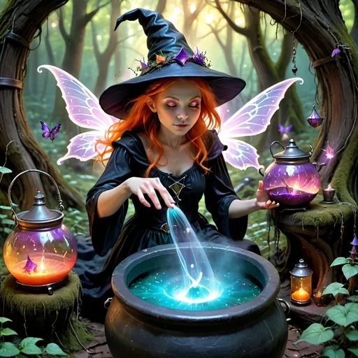 Prompt: A mysterious world of magic featuring a witch casting spells in a dense, enchanted forest. Fairies flutter around, glowing with ethereal light. A bubbling cauldron sits nearby, surrounded by levitating objects. The scene is filled with vibrant colors and mystical energy. Photorealistic, high detail, magical atmosphere.