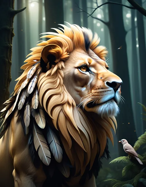 Prompt: a painting of a lion with a bird like head and feathers on its body, in a forest with lights, Chris LaBrooy, fantasy art, highly detailed digital painting, a digital painting