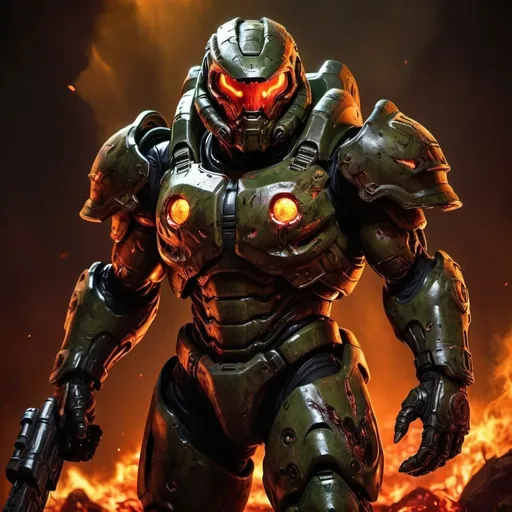 Prompt: Doom slayer standing intimidating, realistic digital painting, battle-scarred armor, glowing demonic eyes, fiery background, high contrast, intense lighting, high quality, realistic, action-packed, intimidating pose, grim and gritty, fiery tones, atmospheric lighting