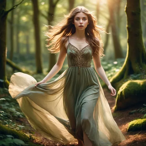 Prompt: Beautiful brown-haired young elfin girl with beautiful eyes is running through the forest  wearing a long sheer flowing dress, sunlight highlighting her hair and dress
