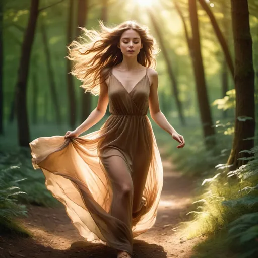 Prompt: Beautiful young brown-haired girl in a long sheer flowing dress running through the forest, sunlight highlighting her hair and dress