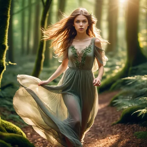 Prompt: Beautiful brown-haired young elfin girl with beautiful eyes is running through the forest  wearing a long sheer flowing dress, sunlight highlighting her hair and dress