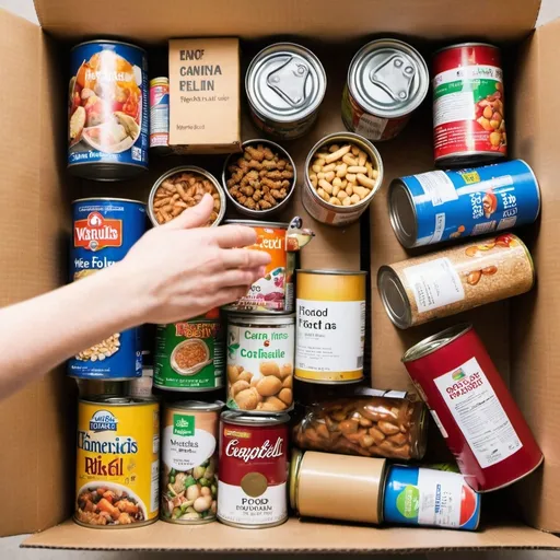 Prompt: a hand reaches into a box with various non perishable food, dried food and canned food items