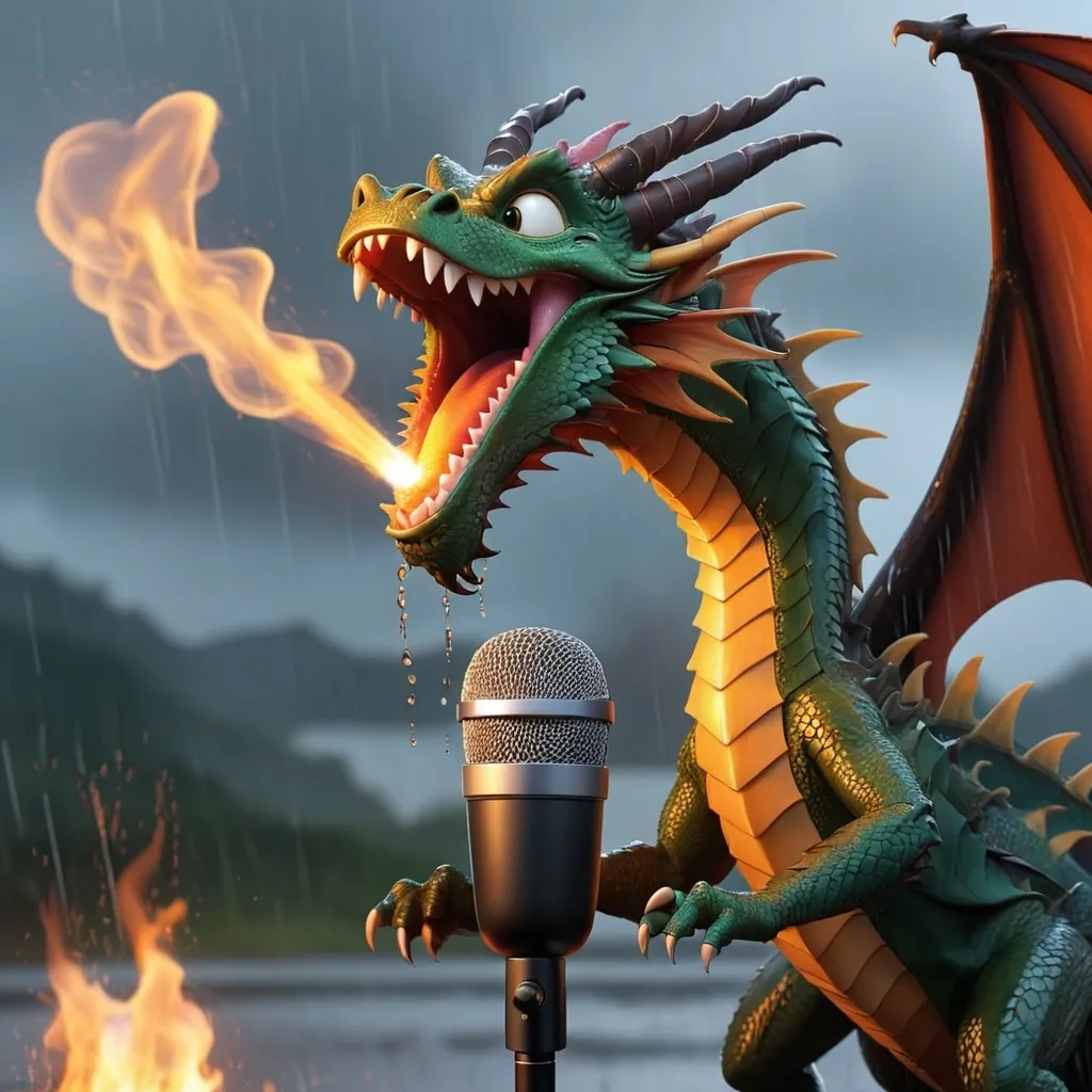 Prompt: a dragon landing on a microphone, with rain coming down as the dragon blows fire