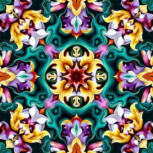 Prompt: A vibrant kaleidoscopic design bursts with an array of colors and intricate patterns, where striking orchids and delicate floral elements intertwine with bold green and blue swirls. The alternating sections feature a mix of orchids in white, purple, and yellow hues, contrasted against swirling turquoise and vibrant red accents that create a dynamic sense of movement. Geometric shapes intermittently emerge, adding depth and structure to the visual flow, while the overall composition evokes a playful yet harmonious energy. Rich in detail, this artistic piece resonates with a spirited and lively aesthetic, inviting viewers to explore its complexity.