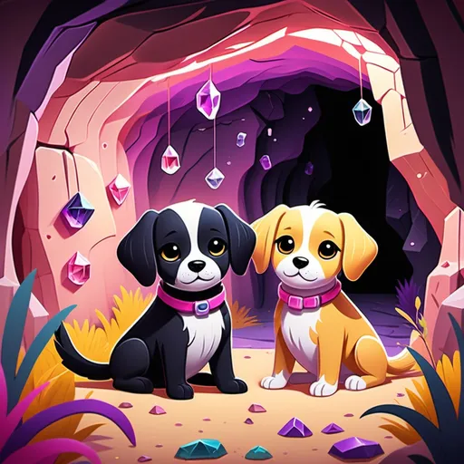 Prompt: (cute black and blonde dogs), (2D cartoon style), vibrant pink, yellow, and purple cave, whimsical atmosphere, playful expressions, soft rounded features, richly textured cave walls, imaginative and cheerful ambiance, charming cave elements like crystals or vines, highly detailed and colorful composition, delightful scene, enchanting hues, inviting and cozy setting.