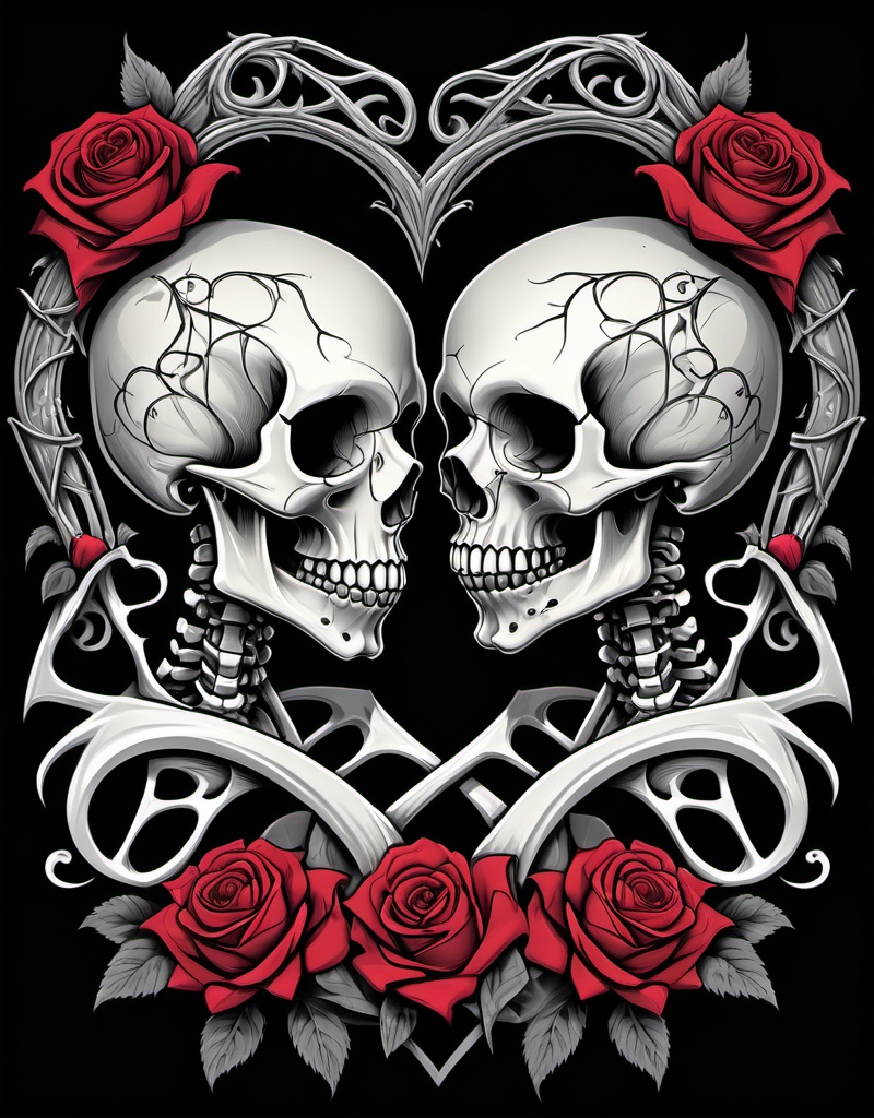 Prompt:  
"A gothic Valentine's Day t-shirt design featuring two intricately detailed skulls facing each other, forming a heart shape with their profiles. The skulls have glowing red eye sockets and are surrounded by romantic elements such as roses, twisting vines, and small heart patterns. Below the skulls, bold script text reads 'Til Death Do Us Part' in a cracked, vintage style. The overall color scheme includes black and white for the skulls, with red, pink, and dark maroon accents for the roses and decorative details. The background features a grungy texture with a faded heart outline, blending gothic and romantic aesthetics in a visually striking design."  

