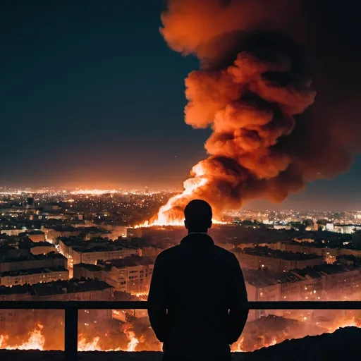 Prompt: Man overlooking a city on fire