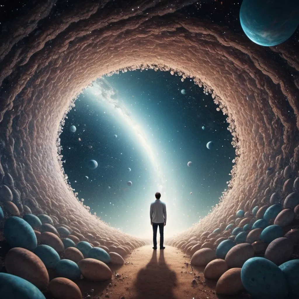 Prompt: Man staring down an endless rabbit hole into an endless universe