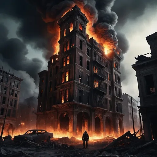 Prompt: (realism style), (monster), dark color scheme, city on fire, ominous atmosphere, dramatic lighting, towering flames illuminating the night sky, smoke billowing, shadows cast over ruins, a sense of chaos and fear, highly detailed textures, HD quality, cinematic depth, foreboding presence observing the destruction.