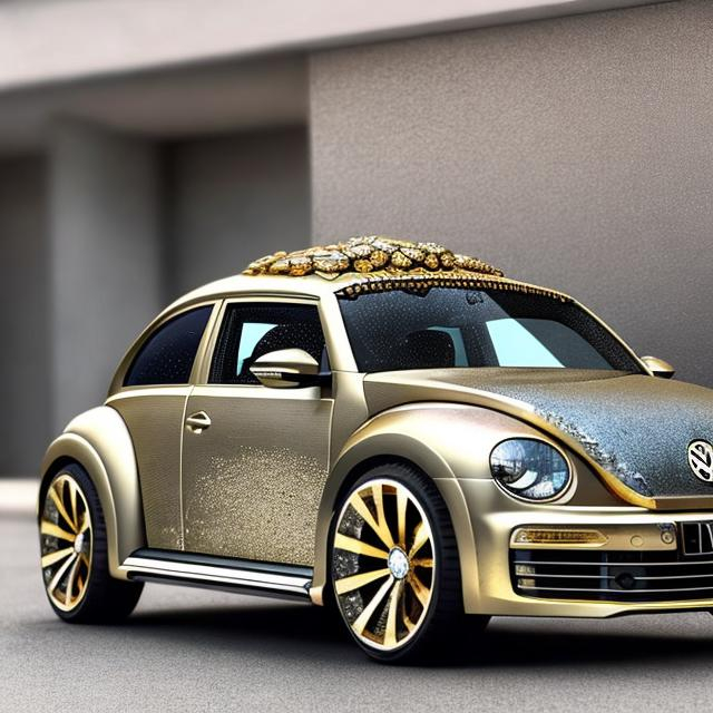 Prompt: Gemstone-encrusted VW beetle, luxurious gold and silver body, sparkling diamonds, high-end luxury car, detailed gemstone exterior, 4k ultra-detailed, luxurious, extravagant, gemstone-encrusted, gold and silver, high quality, shiny, detailed, exquisite craftsmanship