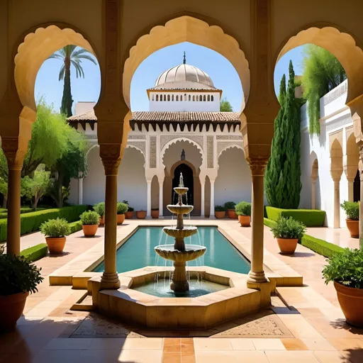 Prompt: Cordoba Nasrin Palace Gardens, vibrant floral paradise, intricate Islamic architecture, patio, lush greenery, serene water fountains, high quality, detailed, vibrant, Islamic art style, warm tones, natural sunlight