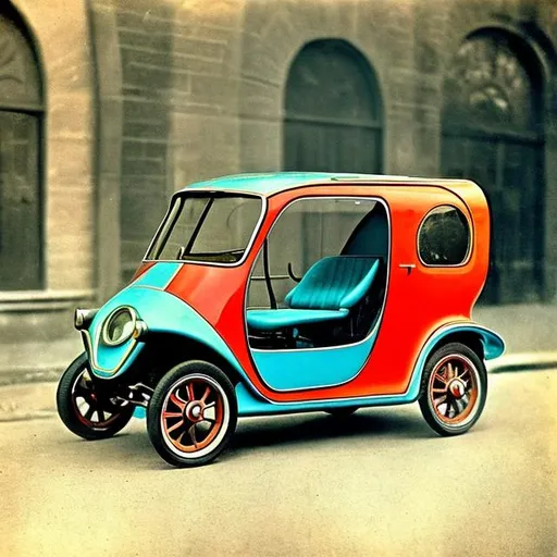 Prompt: A modern microcar as it would have looked like in 1910, vivid colors.