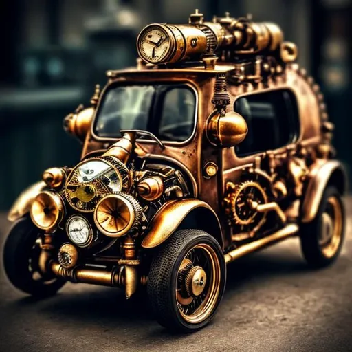 Prompt: Steampunk microcar, detailed brass and copper components, vintage leather interior, high quality, 4k, ultra-detailed, steampunk, vintage, antique, metallic tones, intricate gears and cogs, old-fashioned gauges and dials, atmospheric lighting