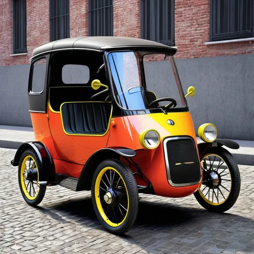 Prompt: A modern microcar as it would have looked like in 1910, vivid colors.