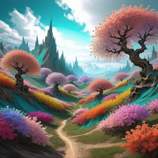 Prompt: Beautiful landscape based on a Lyapunov fractal. Realistic. Colourful, lots of blossoms.