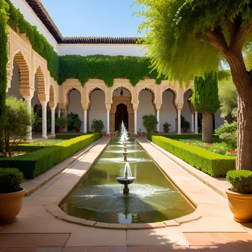 Prompt: Cordoba Nasrin Palace Gardens, vibrant floral paradise, intricate Islamic architecture, patio, lush greenery, serene water fountains, high quality, detailed, vibrant, Islamic art style, warm tones, natural sunlight