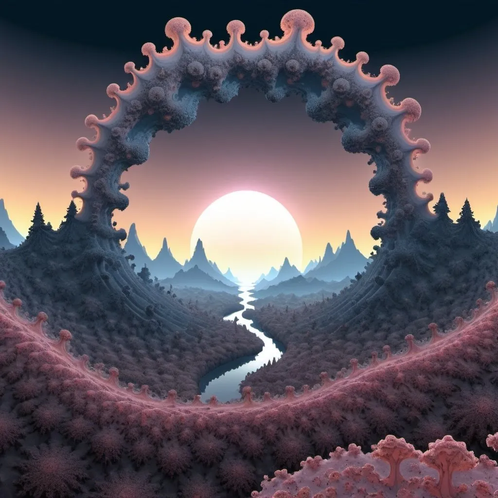 Prompt: Please create a beautiful landscape based on the Mandelbrot set. 