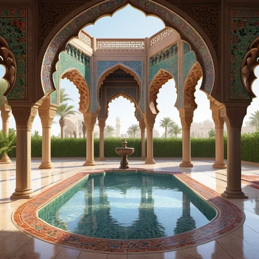 Prompt: vibrant floral paradise, intricate Islamic architecture, patio, lush greenery, serene water fountains, photorealistic, 8k, highly detailed, Islamic art style, warm tones, natural sunlight, high quality, intricate details, peaceful atmosphere, colorful mosaics, decorative arches, majestic palace, tranquil ambiance, vibrant floral patterns, lush gardens, intricate carvings, detailed water reflections, ornate tile work, traditional Islamic design, warm and inviting, serene atmosphere, professional lighting, realistic textures