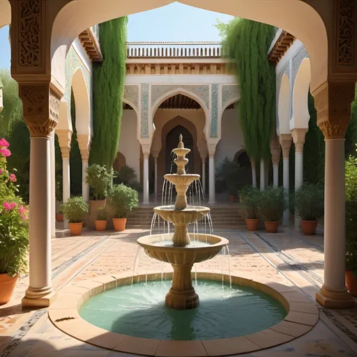 Prompt: Cordoba Nasrin Palace Gardens, vibrant floral paradise, intricate Islamic architecture, patio, lush greenery, serene water fountains, high quality, highly detailed, vibrant, Islamic art style, warm tones, natural sunlight, photorealistic, 8K