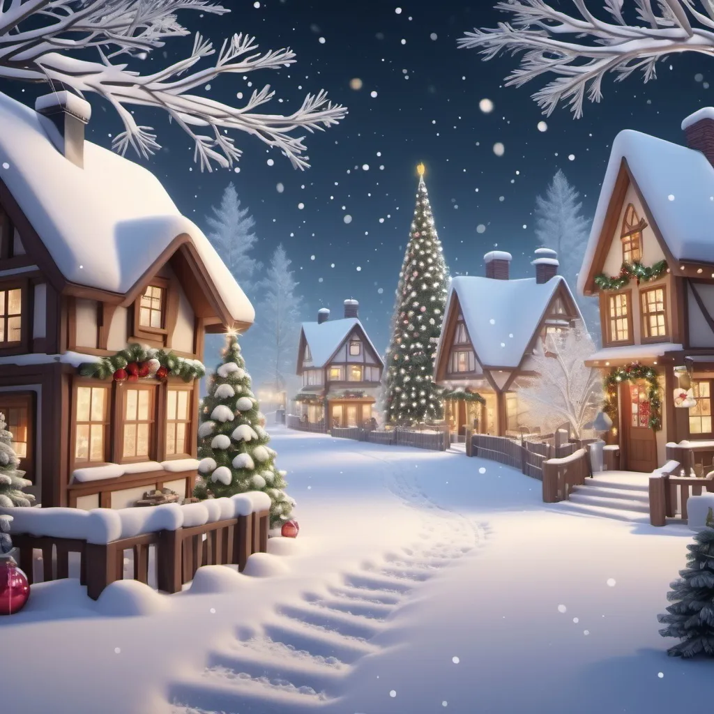 Prompt: A peaceful (winter village scene), adorned with (festive Christmas decorations), gentle (falling snowflakes), lively evergreens decorated with twinkling ornaments, soft footprints in fresh snow, (dreamy ambiance), (highly detailed), (4K resolution).