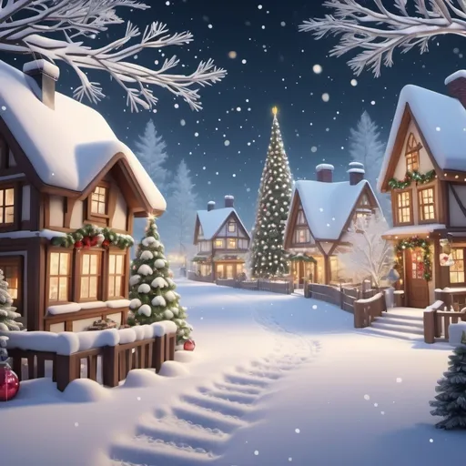 Prompt: A peaceful (winter village scene), adorned with (festive Christmas decorations), gentle (falling snowflakes), lively evergreens decorated with twinkling ornaments, soft footprints in fresh snow, (dreamy ambiance), (highly detailed), (4K resolution).