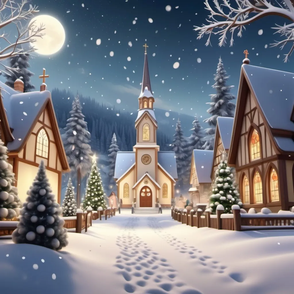 Prompt: A peaceful (winter village scene), adorned with (festive Christmas decorations), gentle (falling snowflakes), lively evergreens decorated with twinkling ornaments, lots of (christmas decoration), (church) in the background, soft footprints in fresh snow, (dreamy ambiance), (highly detailed), (4K resolution).