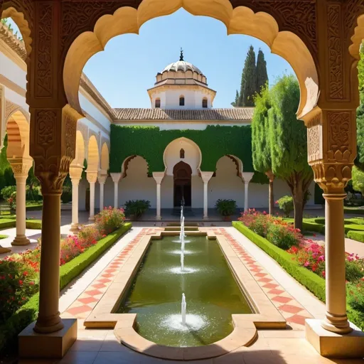 Prompt: Cordoba Nasrin Palace Gardens, vibrant floral paradise, intricate Islamic architecture, lush greenery, serene water fountains, high quality, detailed, vibrant, Islamic art style, warm tones, natural sunlight