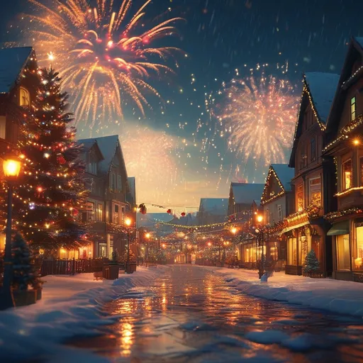 Prompt: (photorealistic) festive celebration scene, vibrant color palette, (warm golden tones), explosive fireworks illuminating the night sky, colorful confetti raining down, ultra-detailed elements, festive lights twinkling, magical atmosphere, (4K) photography quality, rich textures, dynamic composition.