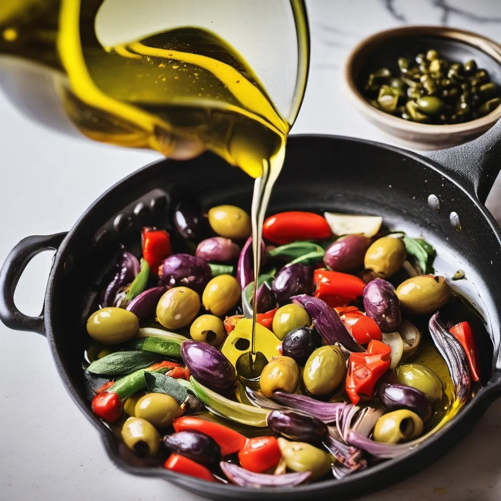 Prompt: olive oil is poured into a pan full of mediterranian vegetables.