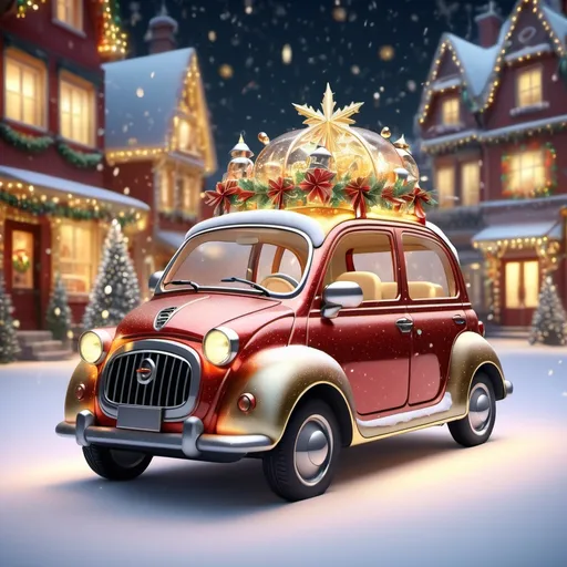 Prompt: (glass microcar), intricately designed with (cast iron ornaments), adorned with vibrant (Christmas decorations), sparkling with soft (gold and silver tones), set in a cozy festive atmosphere, illuminated by (warm glowing lights), wrapped in a beautiful winter backdrop with shimmering snowflakes, ultra-detailed, 4K resolution, (holiday spirit).