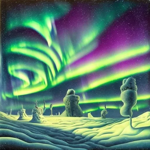 Prompt: A snowy landscape with northern lights, surrealistic painting in the style of Dali.