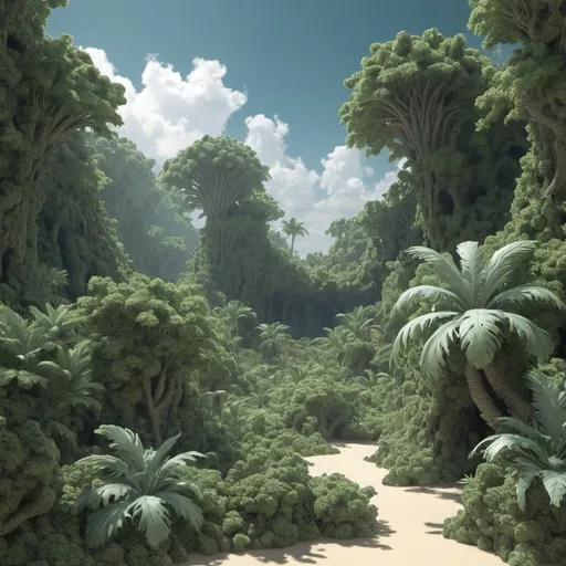 Prompt: Tropical landscape based on the Mandelbrot set. 