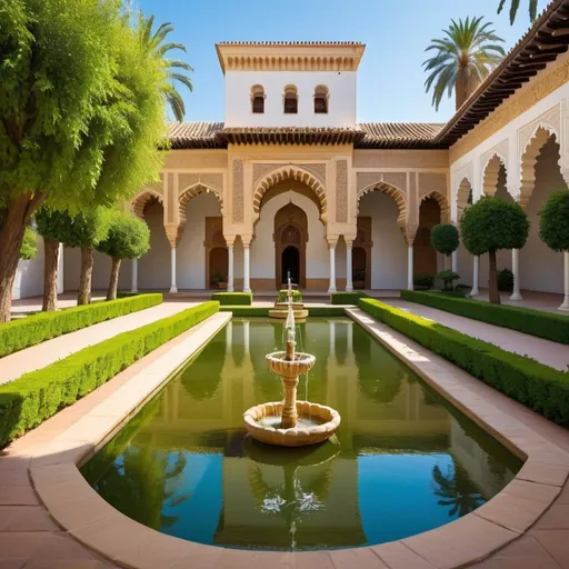 Prompt: Cordoba Nasrin Palace Gardens, vibrant floral paradise, intricate Islamic architecture, lush greenery, serene water fountains, high quality, detailed, vibrant, Islamic art style, warm tones, natural sunlight