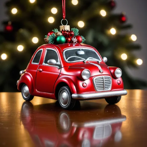 Prompt: A red microcar made out of glass and cast iron ornaments, Christmas decoration