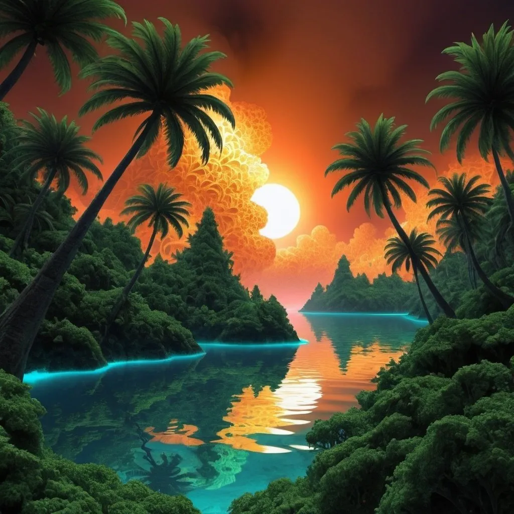 Prompt: Beautiful tropical landscape based on burning ship fractals. 