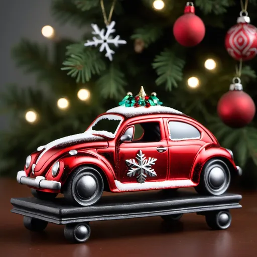 Prompt: A red VW beetle made out of glass and cast iron ornaments, Christmas decoration