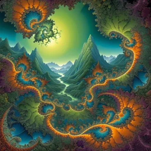 Prompt: Mandelbrot set landscape, fractal patterns, vibrant colors, high detailed, surreal, oil painting, mountainous terrain, magical atmosphere, intricate geometric shapes, lush greenery, mesmerizing patterns, fantasy, otherworldly, high quality, vibrant, surreal, oil painting, detailed terrain, magical lighting